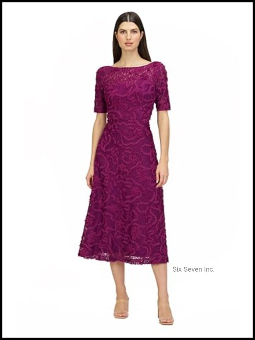 Women's Lace Tea Length A-Line Cocktail Dress Bateau Elbow Sleeve